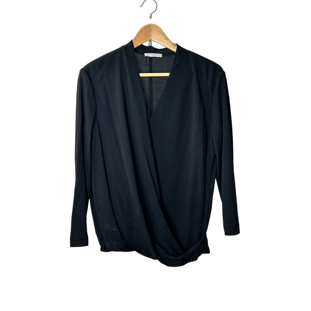 MM.LaFleur Draped Wrap Top Black V-Neck Long Sleeve Italian Fabric RSUEV-19-196